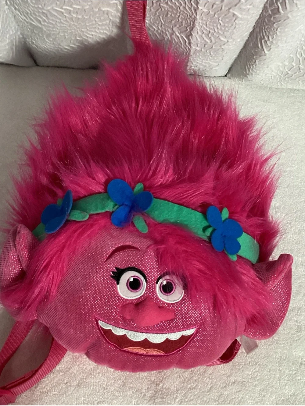 Dreamworks Trolls Poppy Pink Plush Zippered Backpack Bag EUC